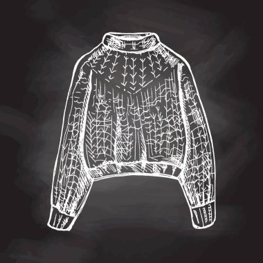 Hand-drawn sketch of knitted sweater, pullover on chalkboard background. Knitwear, handmade concept in vintage doodle style. Engraving style.	