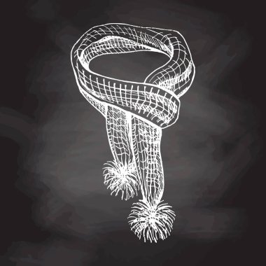 Hand-drawn sketch of knitted scarf on chalkboard background. Knitwear, handmade concept in vintage doodle style. Engraving style.	