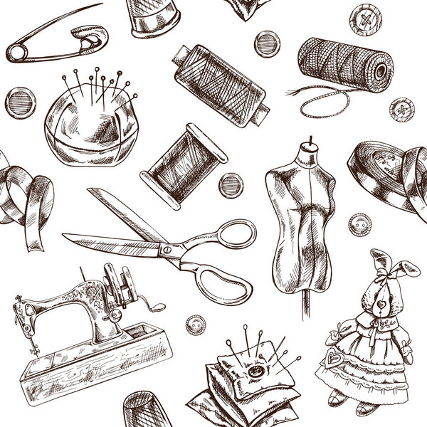Бесшовный узор ручной работы швейных элементов. Векторные иллюстрации в стиле эскиза. Концепция швейного оборудования ручной работы в винтажном стиле каракулей. Стиль гравировки.