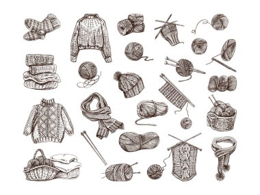 El örgüsü simgelerden oluşan klasik bir set. Robot resim tarzında vektör çizimleri. El yapımı, dikiş malzemeleri konsepti klasik karalama tarzında. İşleme biçimi.