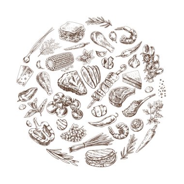 El yapımı, monokrom barbekü ve piknik ikonları. Çember içindeki elementler. Restoran ve kafe menüsünün tasarımı için ızgara yemek. Robot resim biçiminde vektör illüstrasyonları. 