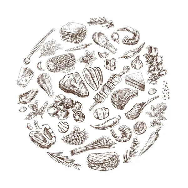 El yapımı, monokrom barbekü ve piknik ikonları. Çember içindeki elementler. Restoran ve kafe menüsünün tasarımı için ızgara yemek. Robot resim biçiminde vektör illüstrasyonları. 