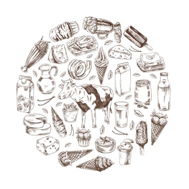 El yapımı monokrom süt ürünleri ikonları üretiyor. Çember içindeki elementler. Çevre yemeği. Çizim çizimi. Kabartmalı resim. 