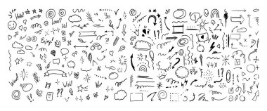 Basit çizim çizimi biçimi ögeleri. Beyaz arkaplanda şirin mürekkep kalem satırı elementlerini karala. Karalama oku, kalp, yıldız, dekorasyon sembolü, ikon seti. Vektör illüstrasyonu.