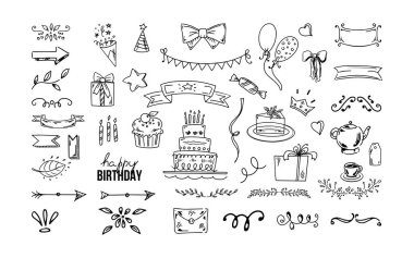 Doğum günü karalama seti. Beyaz arkaplana el çizimi Mutlu Yıllar vektörü çizimleri. Zarf, pasta, balon, dondurma, bayraklar, kalpler, etiketler, kurdeleler, yay, hediye, yıldız.