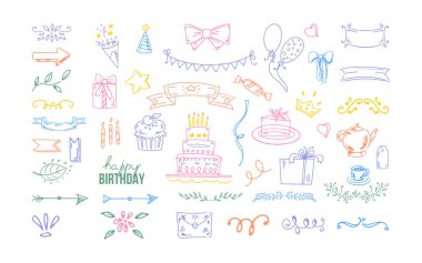 Doğum günü karalama seti. Beyaz arkaplana el çizimi Mutlu Yıllar vektörü çizimleri. Zarf, pasta, balon, dondurma, bayraklar, kalpler, etiketler, kurdeleler, yay, hediye, yıldız.