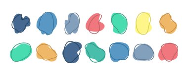 Elle çizilmiş yuvarlak soyut organik şekilli düzensiz lekeler. Dekorasyon için sıvı şekiller. Vektör illüstrasyonu.