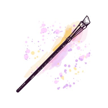 El yapımı kozmetik fırça, güzellik kozmetik unsuru, kişisel bakım. Suluboya arka planda boyalı bir resim. Güzellik salonu, kozmetik mağazası ve makyaj için kullanışlı. Karalama çizimi.