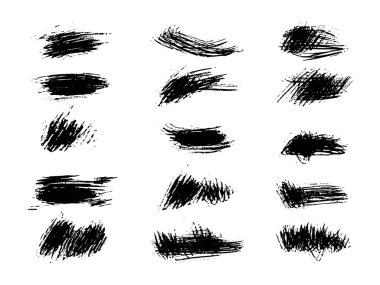 Grunge siyah fırça darbeleri, boya rulo elementleri. El çizimi vektör mürekkebi sıçrama elementleri kümesi. 