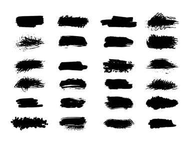 Grunge siyah fırça darbeleri, boya rulo elementleri. El çizimi vektör mürekkebi sıçrama elementleri kümesi. 