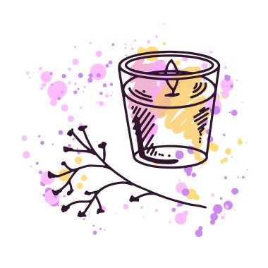 Camdan bir kavanoz şamdanında el çizimi balmumu mumlar suluboya arka planda bir dal ve boya lekeleri var. Güzellik kozmetik unsuru, kişisel bakım. Çizim biçimi.