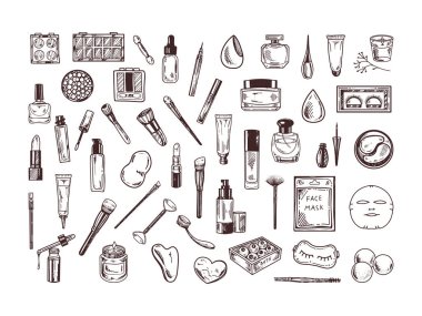 Kozmetik, güzellik, özbakım ve spa elementlerinin el çizimi çizimleri. Güzellik salonu için resim, kozmetik mağazası, makyaj tasarımı. Kabartmalı resim.