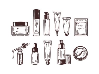 Kozmetik, güzellik ve kişisel bakım unsurlarının el çizimi çizimleri. Güzellik salonu için resim, kozmetik mağazası, makyaj tasarımı. Kabartmalı resim.