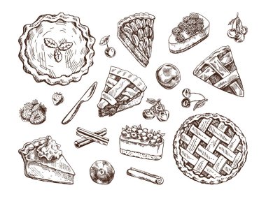 Geleneksel pasta, tart ve turta çizimleri. Güzel fırın. Üst Manzara. Mürekkep pişirme illüstrasyonunun vektör koleksiyonu. Şükran Günü için yemek, Noel.