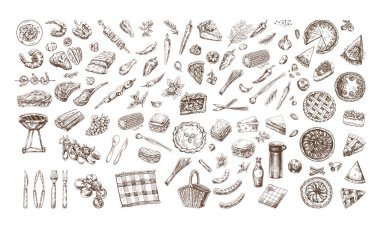 Barbekü ve piknik malzemelerinin el çizimleri. Restoran ve kafe menüsünün tasarımı için ızgara yemek. Doodle vintage çizimi. Kabartmalı resim.