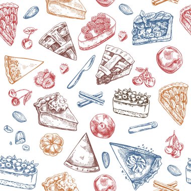 Elle çizilmiş geleneksel keklerin kusursuz deseni, eskiz tarzında turtalar ve turtalar. Tatlı fırın, meyve, dut. Üst Manzara. Şükran Günü, Noel.