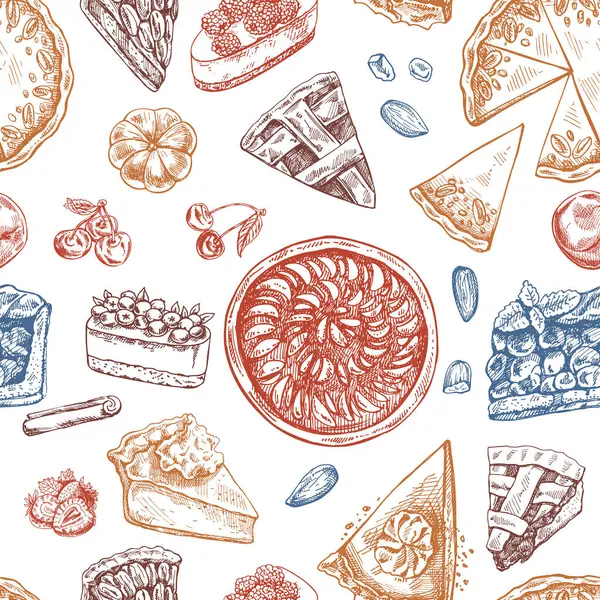 Elle çizilmiş geleneksel keklerin kusursuz deseni, eskiz tarzında turtalar ve turtalar. Tatlı fırın, meyve, dut. Üst Manzara. Şükran Günü, Noel.