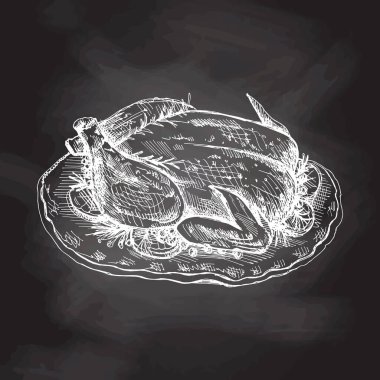 Elle çizilmiş hindi, biberiyeli tavuk, karatahta arka planında böğürtlen ve limon. Vektör. Geleneksel Noel, Cadılar Bayramı yemekleri. Paketleme, etiketleme, tarif, menü. 