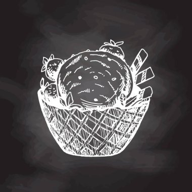 Donmuş yoğurtlu bir waffle sepeti ya da karatahta arka planda çilekli waffle tüplü yumuşak dondurma çizimi. Klasik illüstrasyon. Etiket ve ambalaj tasarımı için element.