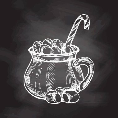 Elle çizilmiş sıcak içecek, marşmelov ve şeker kamışları karatahta bir fincanda. Sıcak çikolata, kakao. Vektör gıda çizimi. Eski, rahat mevsimlik tatiller.