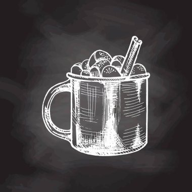 Elle çizilmiş sıcak içecek, marşmelov ve tarçınlı çubuk karatahta. Sıcak çikolata, kakao. Vektör gıda çizimi. Eski, rahat mevsimlik tatiller. 