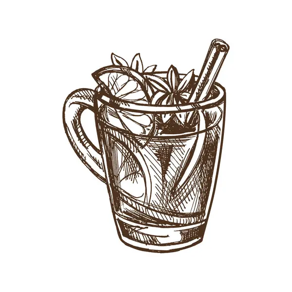 Elle çizilmiş kupa ve sıcak şarap. Vektör gıda çizimi. Sıcak bir içecek. Geleneksel Noel içkisi. Eski, rahat, mevsimlik tatiller. Menü için iyi.