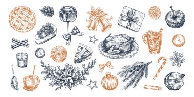 Taslak şeklinde elle çizilmiş Noel seti. Kutlama dekorasyonu: çelenk, hediye, şeker, yemek, Noel ağacı dekoru, içki ve baharat eskizleri. Kış bayramı için klasik tasarım elementleri. İşlemeli. 