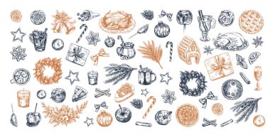 Taslak şeklinde elle çizilmiş Noel seti. Kutlama dekorasyonu: çelenk, hediye, şeker, yemek, Noel ağacı dekoru, içki ve baharat eskizleri. Kış bayramı için klasik tasarım elementleri. İşlemeli. 