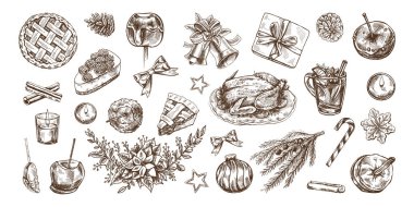 Taslak şeklinde elle çizilmiş Noel seti. Kutlama dekorasyonu: çelenk, hediye, şeker, yemek, Noel ağacı dekoru, içki ve baharat eskizleri. Kış bayramı için klasik tasarım elementleri. İşlemeli. 