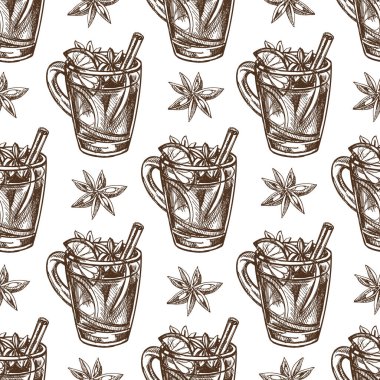 Elle çizilmiş kusursuz bir bardakla taslak şeklinde sıcak şarap. Vektör gıda çizimi. Sıcak bir içecek. Geleneksel Noel içkisi. Eski, rahat, mevsimlik tatiller. Menü için iyi.