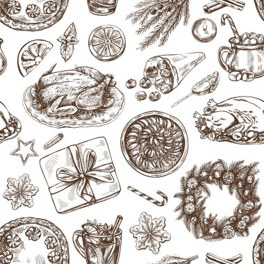 El çizimi Noel elementlerinin çizim tarzında kusursuz desenleri. Kutlama dekorasyonu: çelenk, hediye, şeker, yemek, Noel ağacı dekoru, içki ve baharat eskizleri. İşlemeli.