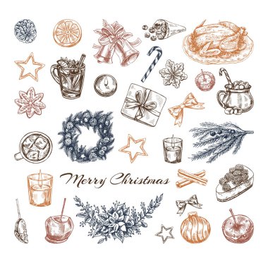 Taslak şeklinde elle çizilmiş Noel seti. Kutlama dekorasyonu: çelenk, hediye, şeker, yemek, Noel ağacı dekoru, içki ve baharat eskizleri. İşlemeli.