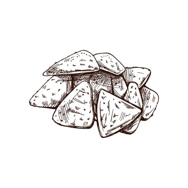 Elle çizilmiş nachos skeci. Klasik nachos çizimi. Vektör siyah mürekkep ana hatlarıyla besin çizimi çizimi. Meksika yemeği, mutfak. Menü için bir çizim. Latin Amerika.