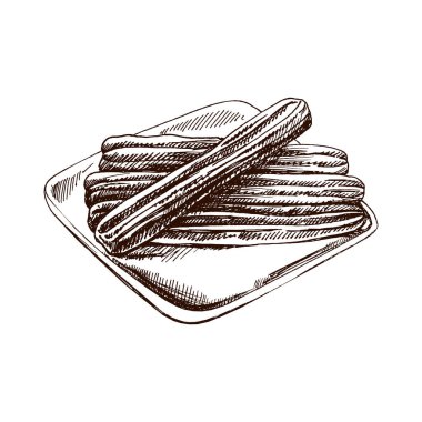Churos 'un el çizimi çizimi. Meksika tatlısının klasik çizimi. Siyah vektör mürekkep besin örneklerini özetliyor. Meksika yemeği, mutfak. Menü için bir çizim. Latin Amerika.