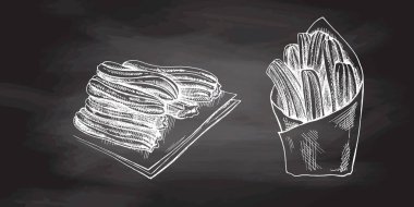 Elle çizilmiş Churos çizim stili karatahta arka planında. Meksika tatlısının klasik çizimi. Siyah vektör mürekkep çizimi. Meksika yemeği, mutfak. Latin Amerika.