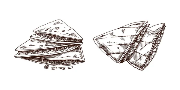 Elle çizilmiş quesadilla seti. Meksika yemeğinin klasik çizimi. Siyah vektör mürekkep besin örneklerini özetliyor. Meksika yemeği, mutfak. Menü için bir çizim. Latin Amerika.
