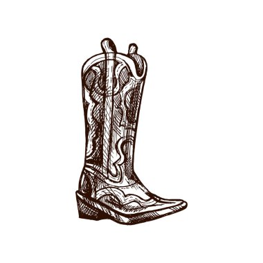 Hand-drawn sketch of leather boot. Vintage drawing of Latin American national shoes. Vector black ink outline illustration. Mexican culture. Latin America.	