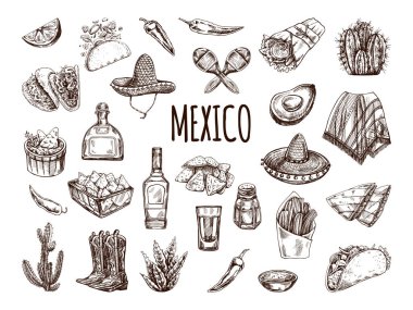 El yapımı gerçekçi Meksika unsurları. Latin Amerika kültürünün klasik çizimleri, yiyecek, içecek, giyecek, alet edevat. Vektör mürekkep çizimi. Meksika kültürü. Latin Amerika.