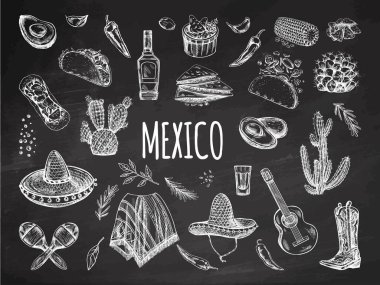 Tahta üzerine elle çizilmiş gerçekçi Meksika unsurları. Yemek, içecek, giyecek, alet edevat gibi klasik çizimler. Vektör mürekkep çizimi. Meksika kültürü. Latin Amerika.