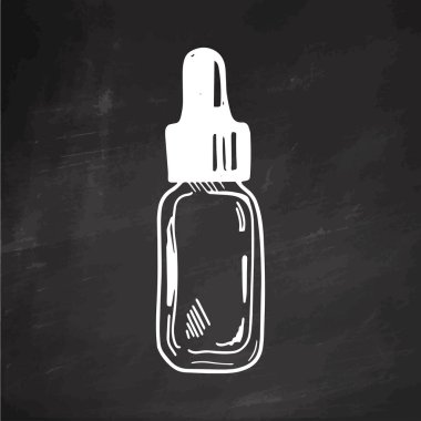 Pipetli el yapımı serum şişesi, güzellik kozmetik unsuru, kişisel bakım. Güzellik salonu için resim, kozmetik mağazası, yazı tahtasında makyaj tasarımı. Çizim biçimi.   