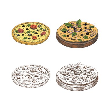 Ahşap bir tabakta tek renkli vejetaryen pizzanın ve beyaz arka planda izole edilmiş pizza Margherita 'nın el yapımı ve tek renkli çizimleri. Fast food klasik illüstrasyon. Menü için harika, posterler için..