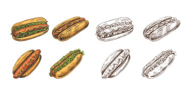 Beyaz arka planda izole edilmiş sosisli sandviçlerin elle çizilmiş ve tek renkli çizimleri. Fast food illüstrasyonu. Klasik çizim. Menü, poster ya da restoran geçmişi için harika.