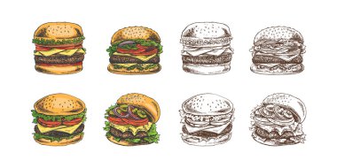 Beyaz arka planda izole edilmiş lezzetli sandviçlerin, hamburgerlerin, hamburgerlerin el yapımı ve tek renkli çizimleri. Fast food klasik illüstrasyon. Menü, poster ya da restoran için harika.