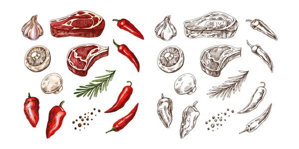 바베큐 요소의 손으로 색상과 스케치 메뉴의 디자인 조미료와 고기와 야채의 로열티 프리 스톡 일러스트레이션