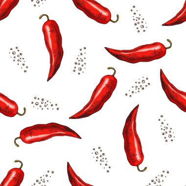 Biberli ve biberli elle çizilmiş, dikişsiz vektör deseni. Klasik karalama çizimi. Kafe menüleri ve etiketleri için çizim. Oymalı resim..