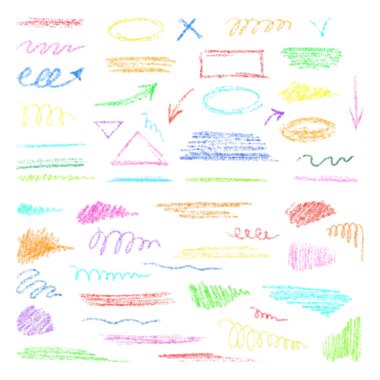 El yapımı altı çizili elementler, pastel boya efektli fırça, tebeşir deseni. Vurgulama için tebeşir darbesi. Çocuk tarzında vektör illüstrasyonu. Boya fırçası renkli altı çizili.