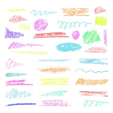 El yapımı altı çizili elementler, pastel boya efektli fırça, tebeşir deseni. Vurgulama için tebeşir darbesi. Çocuk tarzında vektör illüstrasyonu. Boya fırçası renkli altı çizili.