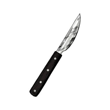 Beyaz arka plana elle çizilmiş metal bıçağın vektör çizimi. Doodle vintage çizimi. Kafelerin ve etiketlerin menüsü için dekorasyonlar. Kabartmalı resim.