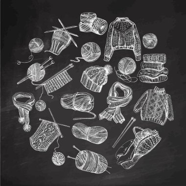 El yapımı örgü ikonlarından oluşan klasik bir set. Çember içindeki elementler. Robot resim tarzında vektör çizimleri. El yapımı, örgü ekipmanı konsepti klasik karalama tarzında. İşleme biçimi.