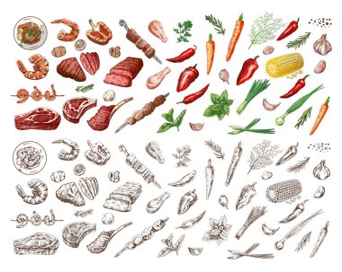 Mangal ve piknik malzemelerinin el yapımı ve tek renkli çizimleri. Kafe menüsünün tasarımı için ızgara yemek. Doodle vintage çizimi. İşlemeli.
